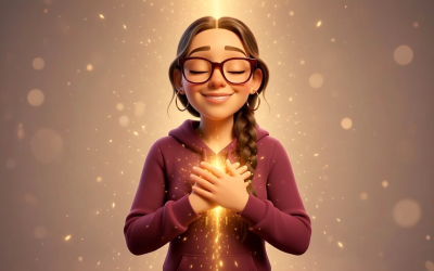 Une femme avec des lunettes, les cheveux tressés, les yeux fermés et souriante, a les deux mains sur le coeur. Une colonne de lumère dorée la traverse.