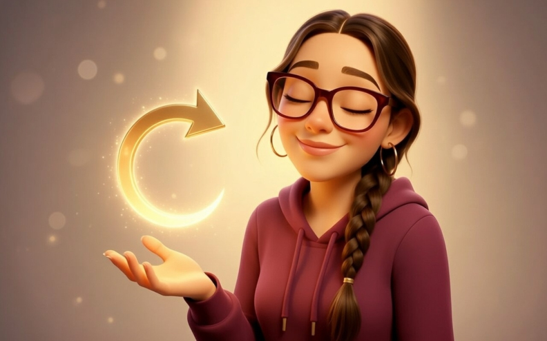 Une femme avec des lunettes se tient paisible, les yeux fermés, avec une flèche dorée ronde qui pointe vers elle.