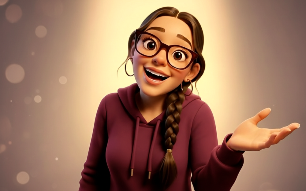 Une jeune femme souriante avec des lunettes et un chignon, vêtue dun sweat-shirt pourpre, fait un geste avec la main droite dans un fond de gradation rose et pourpre.