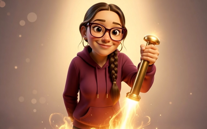 Une femme avec des lunettes, les cheveux tressés, expression chaleureuse, tient un levier d'or propulsé par une énergie lumineuse.