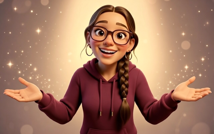 Une jeune femme aux cheveux bruns et aux lunettes sourit largement, les bras étendus, dans un fond de nuages roses et lavande avec des étoiles dor.